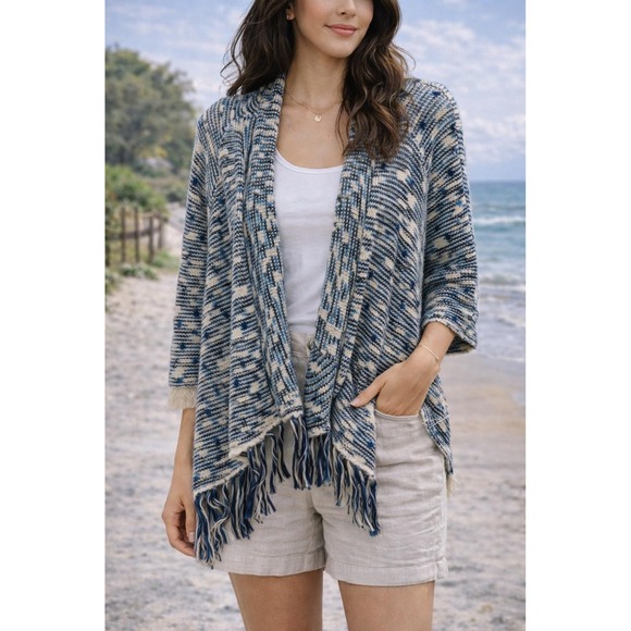 Yaira Sweaters - Yaira Open Front Fringe Cardigan Blue Space Dye Medium Boho Coastal Knit Sweater